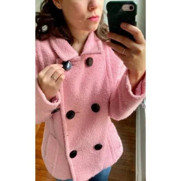 Vintage Y2K Pastel Bubble Gum Pink Fuzzy Fleece Wool Button Up Peacoat Jacket L - Picture 2 of 8